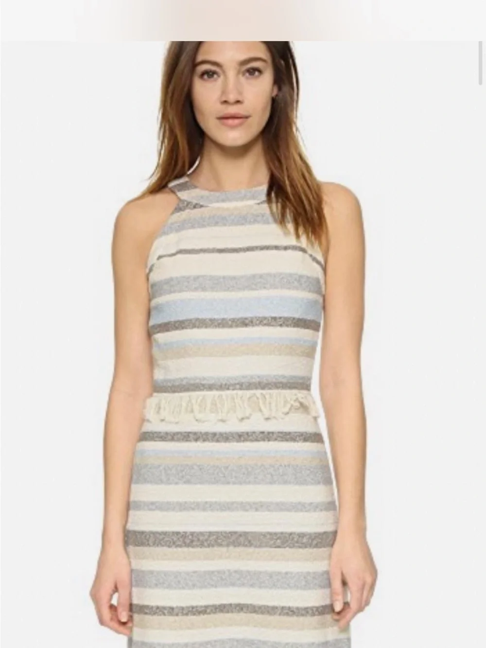 Tory Burch Sleeveless Tweed Dress Cream Grey Sky Blue Striped Fringe Trim Size 2